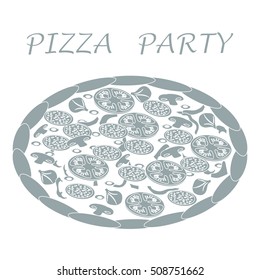 Nice illustration of tasty, appetizing pizza with inscriptions on a white background.