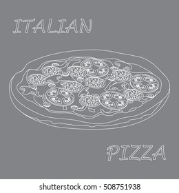 Nice illustration of tasty, appetizing pizza with inscriptions on a colored background.