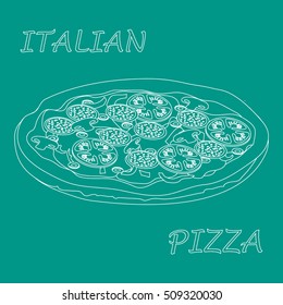 Nice illustration of tasty, appetizing pizza with inscriptions on a colored background.