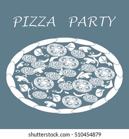 Nice illustration of tasty, appetizing pizza with inscriptions on a colored background.