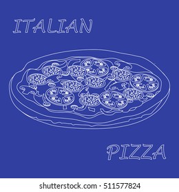Nice illustration of tasty, appetizing pizza with inscriptions on a colored background.