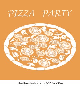 Nice illustration of tasty, appetizing pizza with inscriptions on a colored background.