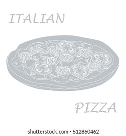 Nice illustration of tasty, appetizing pizza with inscriptions on a white background.