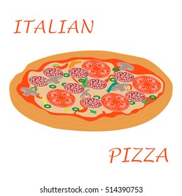 Nice illustration of tasty, appetizing pizza with inscriptions on a white background.