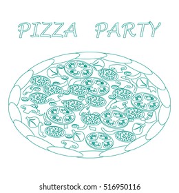 Nice illustration of tasty, appetizing pizza with inscriptions on a white background.