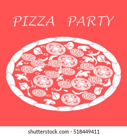 Nice illustration of tasty, appetizing pizza with inscriptions on a colored background.