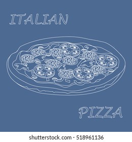 Nice illustration of tasty, appetizing pizza with inscriptions on a colored background.