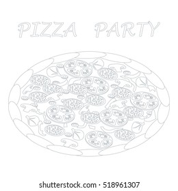 Nice illustration of tasty, appetizing pizza with inscriptions on a white background.
