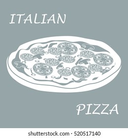 Nice illustration of tasty, appetizing pizza with inscriptions on a colored background.