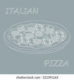 Nice illustration of tasty, appetizing pizza with inscriptions on a colored background.