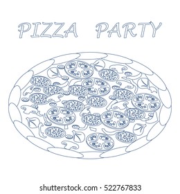 Nice illustration of tasty, appetizing pizza with inscriptions on a white background.
