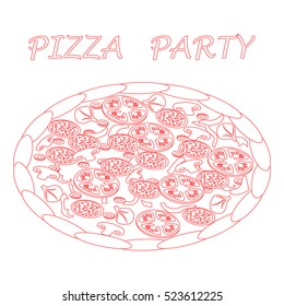 Nice illustration of tasty, appetizing pizza with inscriptions on a white background.