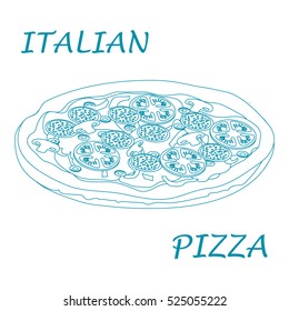 Nice illustration of tasty, appetizing pizza with inscriptions on a white background.