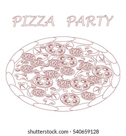 Nice illustration of tasty, appetizing pizza with inscriptions on a white background.