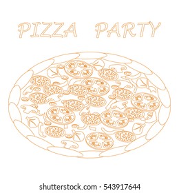 Nice illustration of tasty, appetizing pizza with inscriptions on a white background.