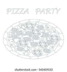 Nice illustration of tasty, appetizing pizza with inscriptions on a white background.