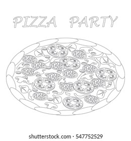Nice illustration of tasty, appetizing pizza with inscriptions on a white background.
