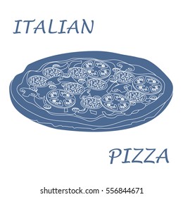 Nice illustration of tasty, appetizing pizza with inscriptions on a white background.