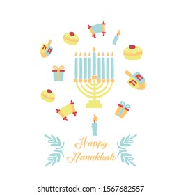 Nice image for the Hanukkah festival. Icons of objects, designed by hand, for the festival. Fun design with the icons of Sufganiyot, Menorah, Torah, Gift and the dredeil. Editable vector.