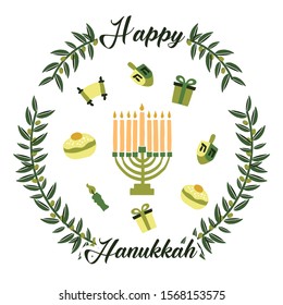Nice image for the Hanukkah festival. Icons of objects, designed by hand, for the festival. Fun design with the icons of Sufganiyot, Menorah, Torah, Gift and the dredeil. Editable vector.