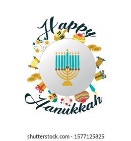 Nice image for the Hanukkah festival. Icons of objects, designed by hand, for the festival. Fun design with the icons of Sufganiyot, Menorah, Torah, Gift and the dredeil. Editable vector.