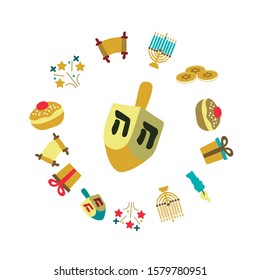 Nice image for the Hanukkah festival. Icons of objects, designed by hand, for the festival. Fun design with the icons of Sufganiyot, Menorah, Torah, Gift and the dredeil. Editable vector.