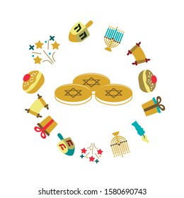 Nice image for the Hanukkah festival. Icons of objects, designed by hand, for the festival. Fun design with the icons of Sufganiyot, Menorah, Torah, Gift and the dredeil. Editable vector.