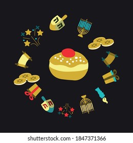 Nice image for the Hanukkah festival. Icons of objects, designed by hand, for the festival. Fun design with the icons of Sufganiyot, Menorah, Torah, Gift and the dredeil. Editable vector.