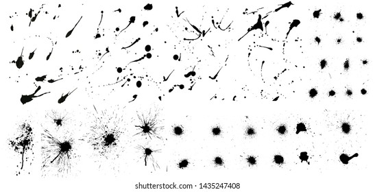 Nice сollection of ink splashes blots splatter. Set grunge design element and art messy backdrop. High quality manually traced. Color dirty liquid. Black ink blow explosion. Vector grunge set