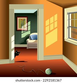 a nice interior of colorful classic home with an armchair, windows, lights and shadows, and a little cat playing with a ball yarn, perspective interior.