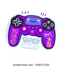 Nice joystick. Vector illustration. Print design for kids t-shirt. Gamepad on a white background. Kawaii style. 