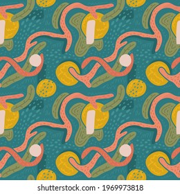 Nice juicy abstract pattern. Seamless print in lovely soft colors. Doodle shapes. Textile design background. Yellow, pink and green blue palette. 
