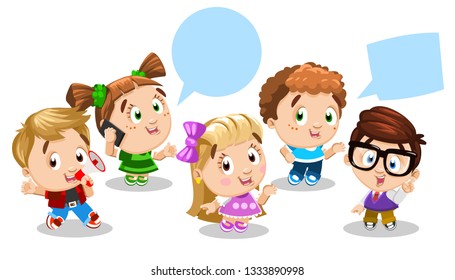 Nice kids speaking, shouting, hearing. Speech bubble, copy space. Blond boy holding megaphone, brunette girl`s on the cell phone or smartphone. Cartoon clip art isolated on white background.