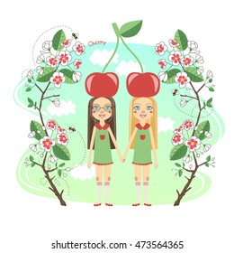 Nice kids wearing cherry Vector Illustration. Twins kids holding hands and cute twins kids together.