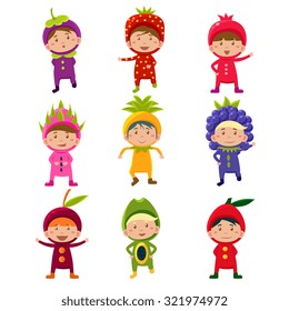 Nice kids wearing fruit and berry costumes Vector Illustration Set