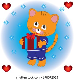 A nice kind cat holds a gift box in his paws.