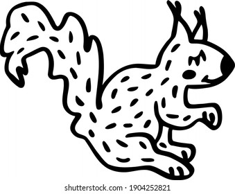 Nice kind squirrel is dozing. Cartoon picture for children. Forest clipart. Vector cute  illustration in black and white doodle style. Themes wildlife and animals.