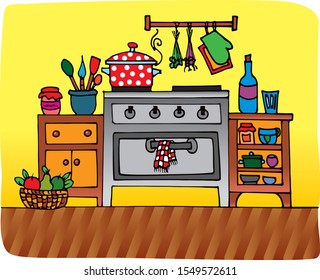 Nice kitchen with oven, jars and bottles. Colored vector for card and gift. 