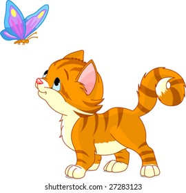 The nice kitten looking to butterfly. Vector