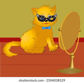 Nice kitten playing with the mask in front of the mirror. Isolated vector illustration.