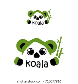 Nice koala with bamboo. Logo in a children's style with an animal on a white background. Vector illustration