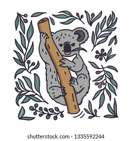 Nice koala sitting on a tree with branches of eucalyprus around him. Vector illustration in doodle cartoon linear style.