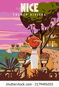 Nice Lady On Vacation, French Riviera Coast Poster Vintage, Palm, Resort, Coast, Sea, Beach