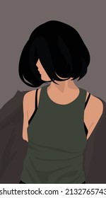 Nice lady with short black hair. Vector flat image of a lady in a green T-shirt and a dark jacket. Design for postcards, posters, backgrounds, templates, textiles, avatars.
