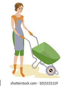 A nice lady in work clothes. The girl is driving a garden wheelbarrow. A woman works in the garden or in the garden. Vector illustration.