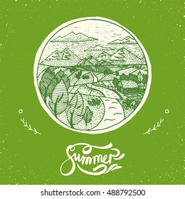 nice land with river, fields and small house, stylized hand drawn illustration in circle