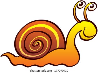 Nice land snail with funny eyes, brown spirally coiled shell and friendly expression while smiling and crawling slowly