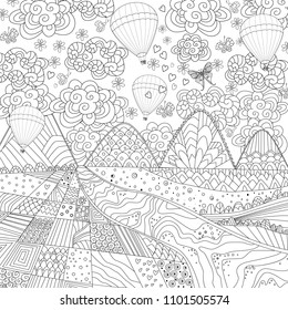 nice landscape with hot air balloons in the sky for your coloring book