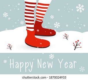 Nice legs in Christmas striped socks in the snow. Vector illustration.