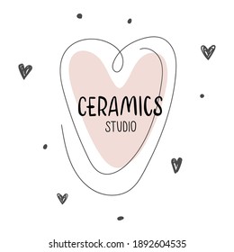 Nice lettering Ceramics studio with pink heart. Vector logo layouts for art studio, pottery or ceramic studio, web, sticker